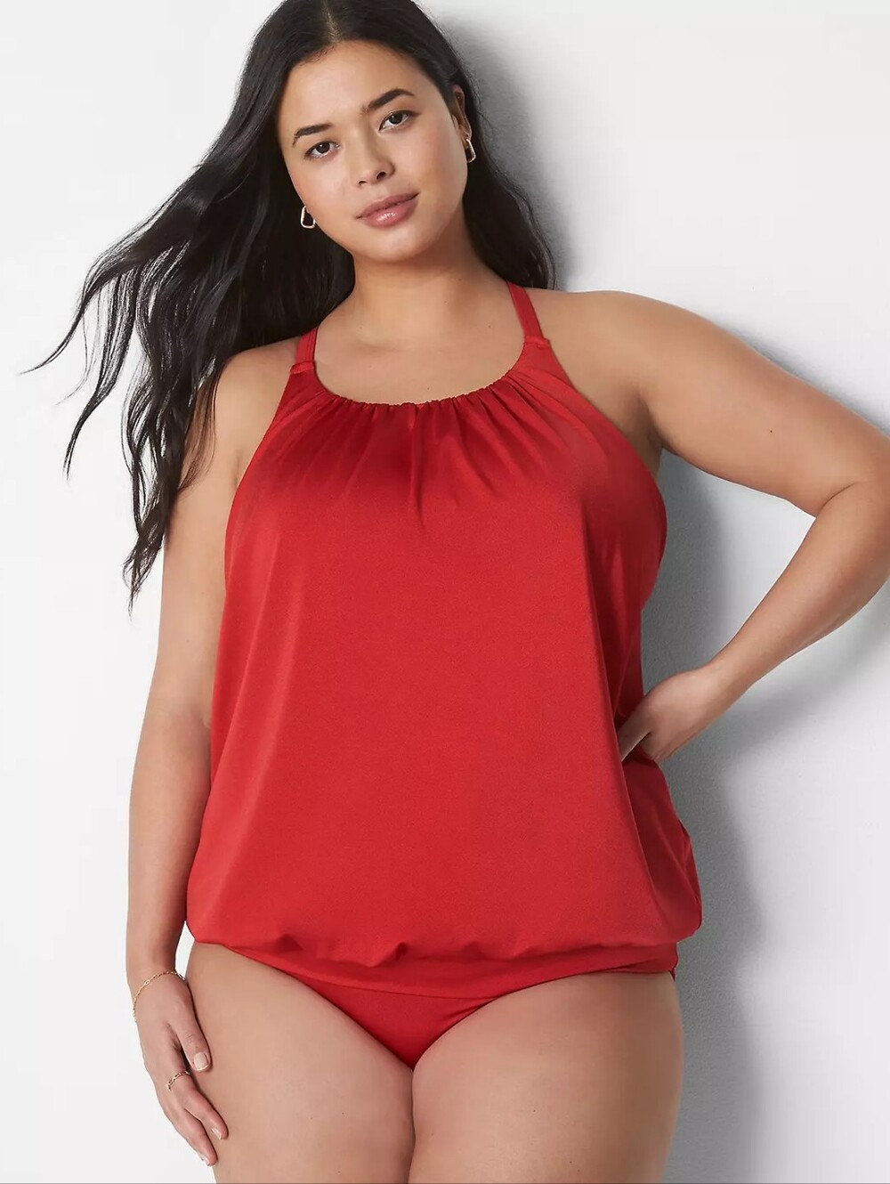 NWT Cacique Swim Red Blouson Tankini Top Built In Wire Free Women's 40
